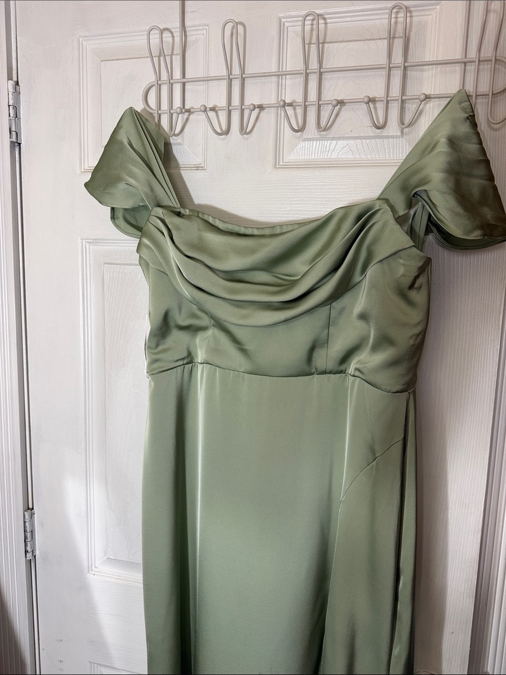 Azazie Sage Green Satin Off-Shoulder Draped Gown